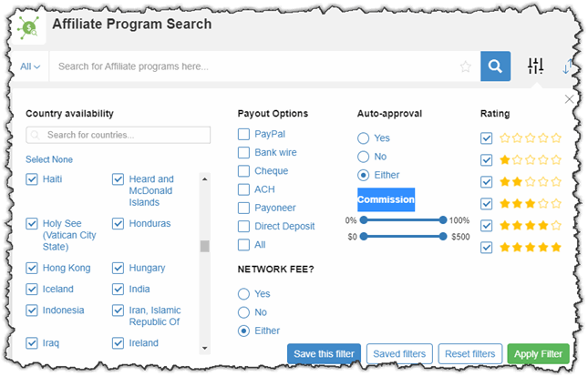 Wealthy Affiliate Affiliate Program Search filter