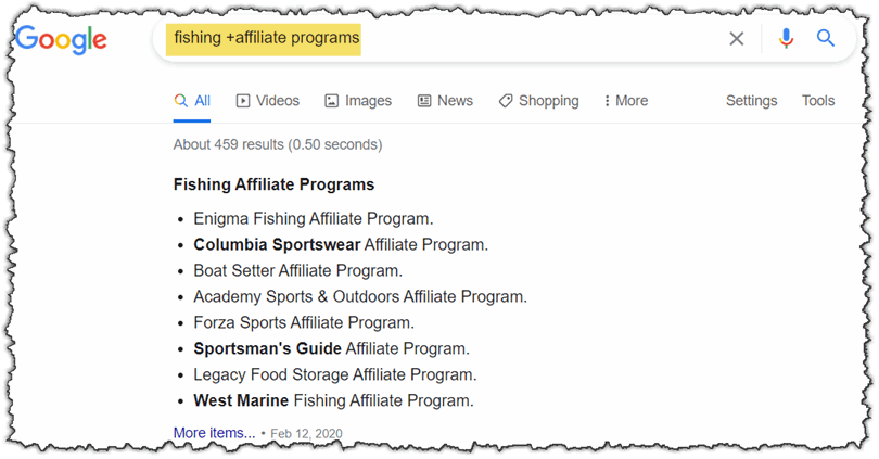 broad google search for fishing affiliate programs